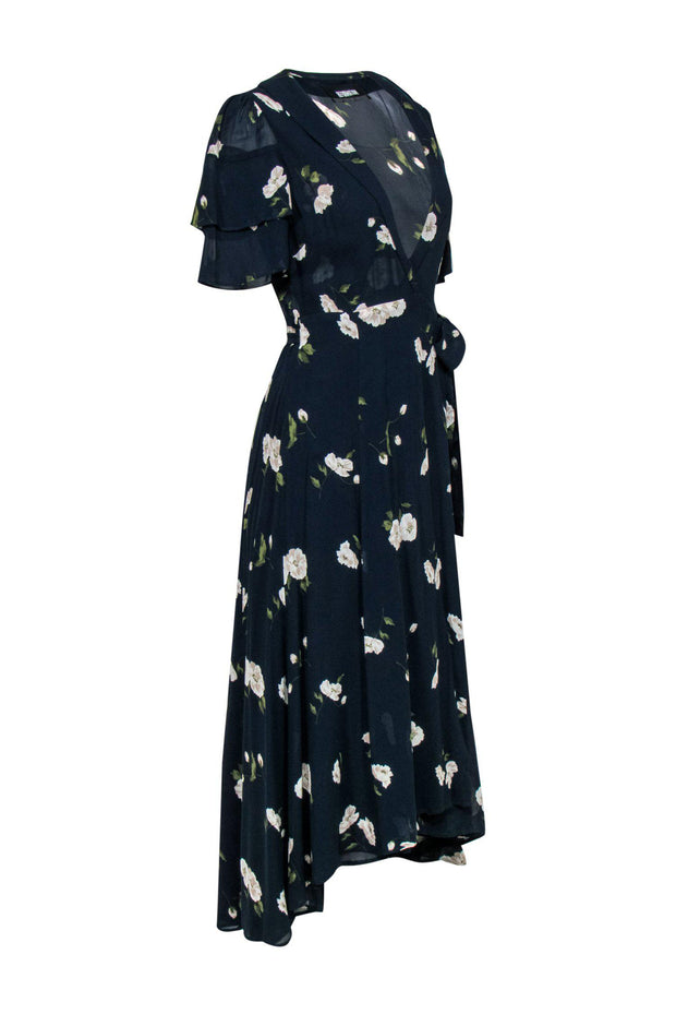 Current Boutique-Reformation - Navy Floral Print Short Sleeve Wrap Maxi "Layley" Dress Sz S