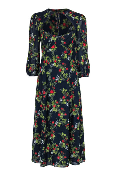 Current Boutique-Reformation - Navy, Red & Green Rose Print Puff Sleeve Cutout Maxi Dress Sz 8