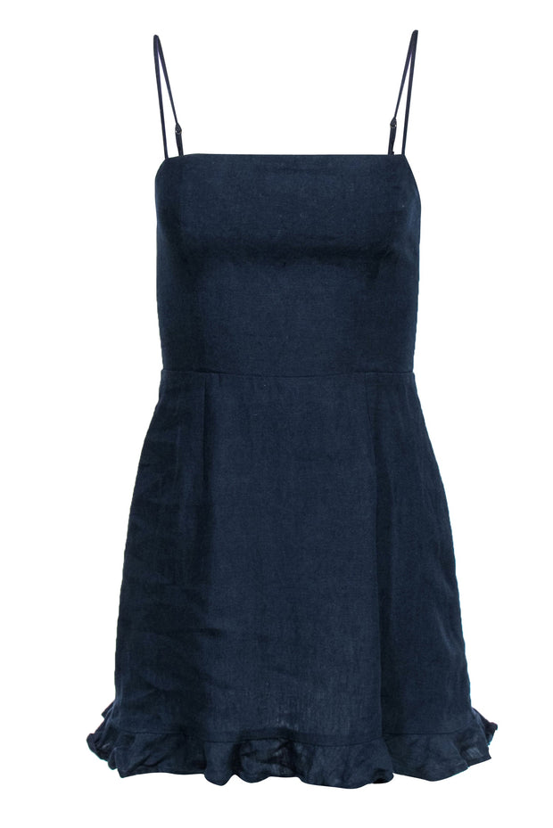 Current Boutique-Reformation - Navy Sleeveless Linen Mini Sheath Dress w/ Ruffle Hem Sz 2