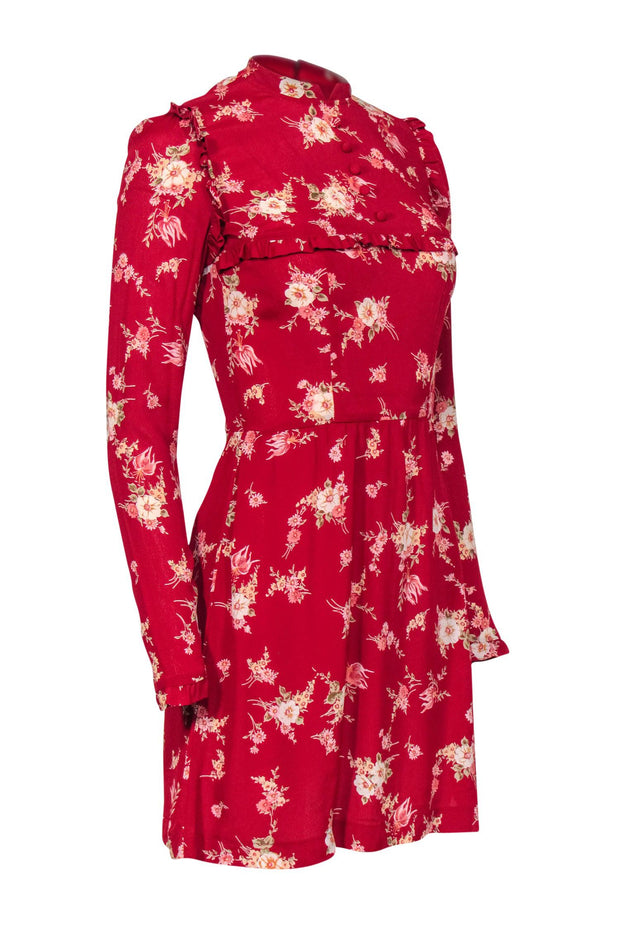 Current Boutique-Reformation - Red Floral High Neck Mini Dress w/ Ruffle Trim Sz 0