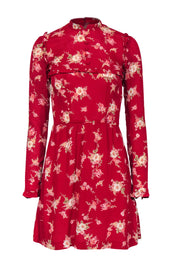 Current Boutique-Reformation - Red Floral High Neck Mini Dress w/ Ruffle Trim Sz 0