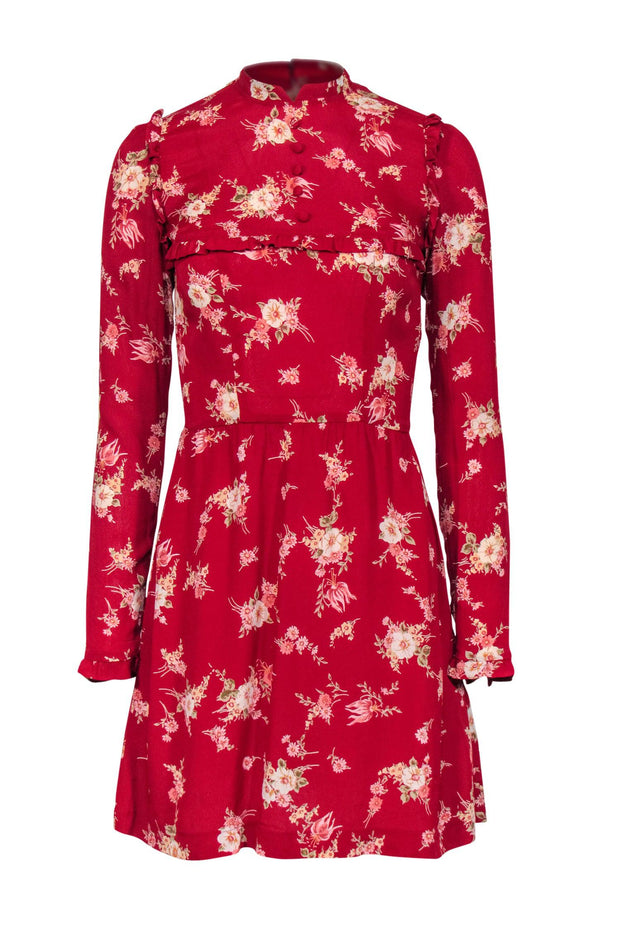 Current Boutique-Reformation - Red Floral High Neck Mini Dress w/ Ruffle Trim Sz 0