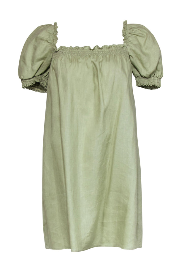 Current Boutique-Reformation - Sage Green Linen "Carsen" Puff Sleeve Mini Shift Dress Sz L