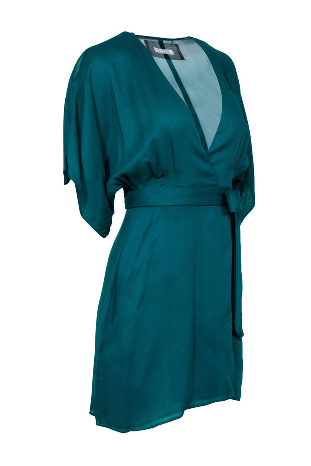 Current Boutique-Reformation - Teal Crepe Wrap Mini Dress w/ Wide Sleeves Sz XS