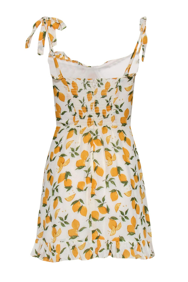 Current Boutique-Reformation - White, Yellow & Green Lemon Print Ruffled Mini Dress Sz 6