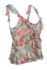 Current Boutique-Reiss - Beige & Multicolored Floral Print Ruffle Button-Up Tank Sz 6