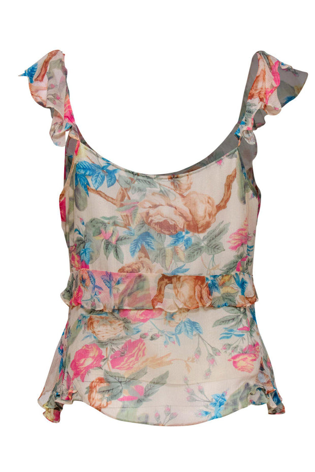 Current Boutique-Reiss - Beige & Multicolored Floral Print Ruffle Button-Up Tank Sz 6