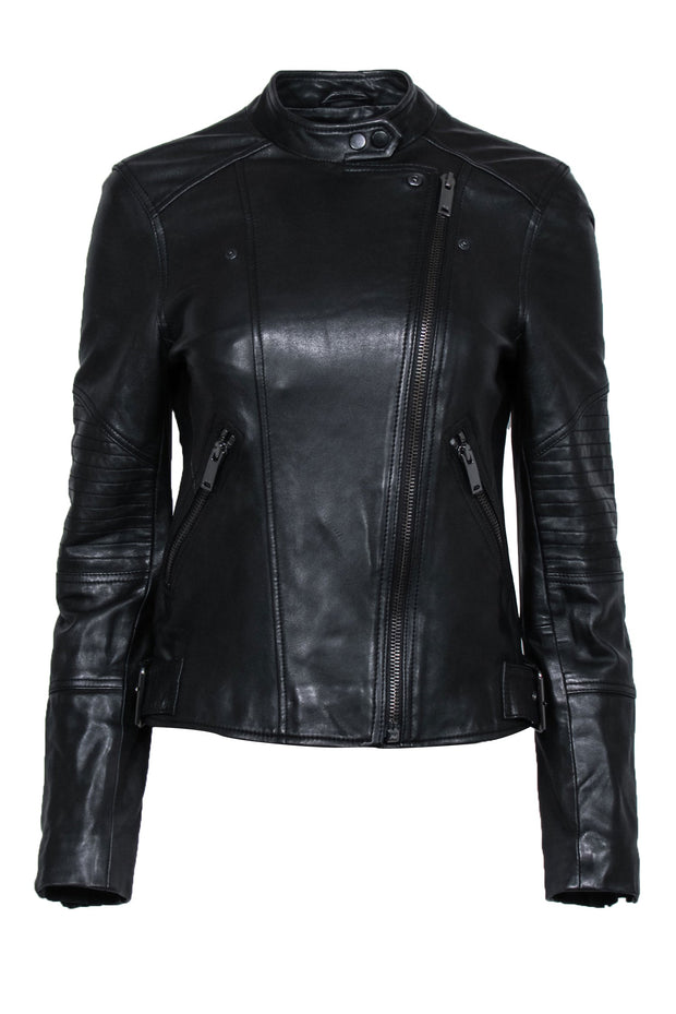 Current Boutique-Reiss - Black Leather Zip-Up Jacket w/ Quilted Trim Sz 6