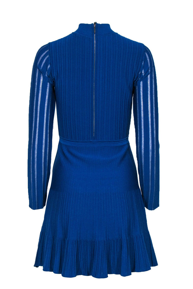 Current Boutique-Reiss - Blue Mock Neck Ribbed Fit & Flare Dress w/ Flounce Hem Sz S