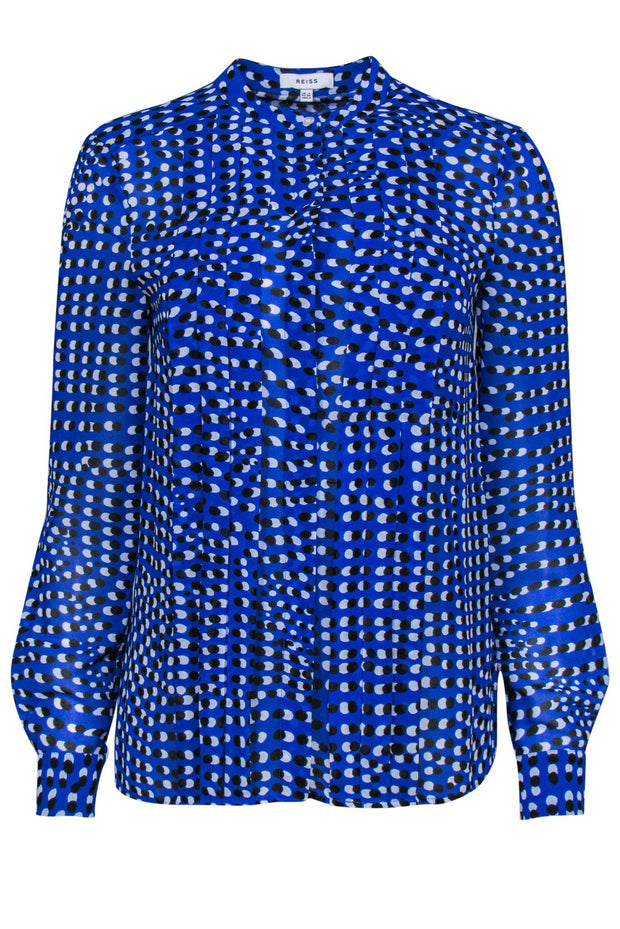 Current Boutique-Reiss - Blue, White & Black Dot Printed Pleated Blouse Sz 2