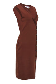 Current Boutique-Reiss - Brown Knit Asymmetrical Button-Up "Eleni" Bodycon Midi Dress Sz L