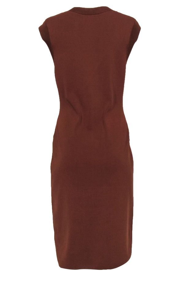 Current Boutique-Reiss - Brown Knit Asymmetrical Button-Up "Eleni" Bodycon Midi Dress Sz L