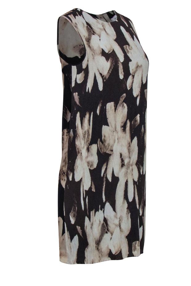 Current Boutique-Reiss - Brown & Tan Abstract Floral Shift Dress w/ Pleated Front Sz 6