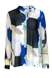 Current Boutique-Reiss - Cream, Black & Blue Printed Sheer Button-Up Blouse Sz 8