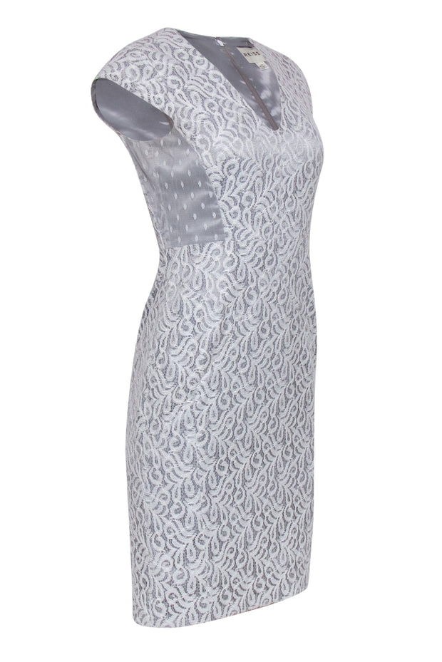 Current Boutique-Reiss - Light Grey Lace Sheath Dress w/ Polka Dot Lace Paneling Sz 4