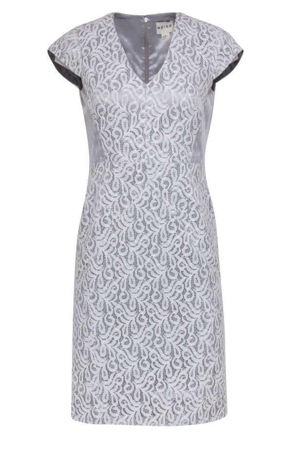 Current Boutique-Reiss - Light Grey Lace Sheath Dress w/ Polka Dot Lace Paneling Sz 4