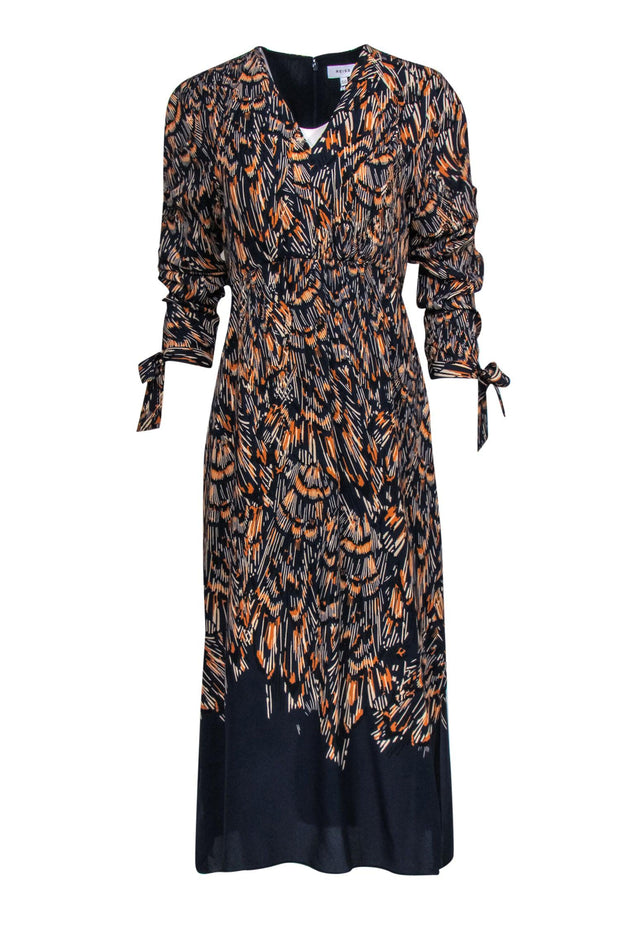 Current Boutique-Reiss - Navy & Orange Cross-Hatching Print Empire Waist Dress Sz 8