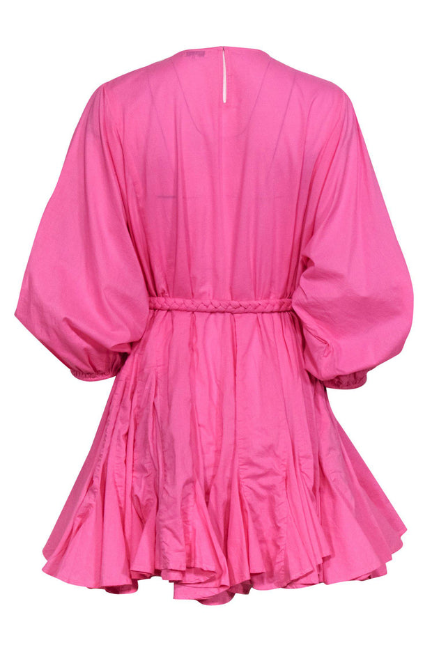 Current Boutique-Rhode - Bubblegum Pink Puff Sleeve Fit & Flare Dress w/ Rope Belt Sz L