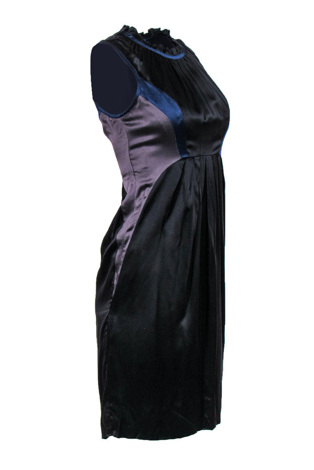 Current Boutique-Richard Chai - Black, Grey & Blue Sleeveless Silk Sheath Dress w/ Ruffle Collar Sz 2