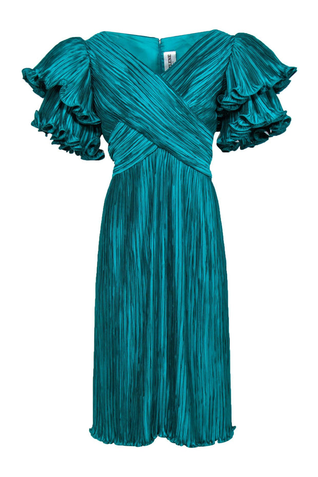 Current Boutique-Richilene - Vintage Teal Pleated Tiered Sleeve Midi Dress Sz 12