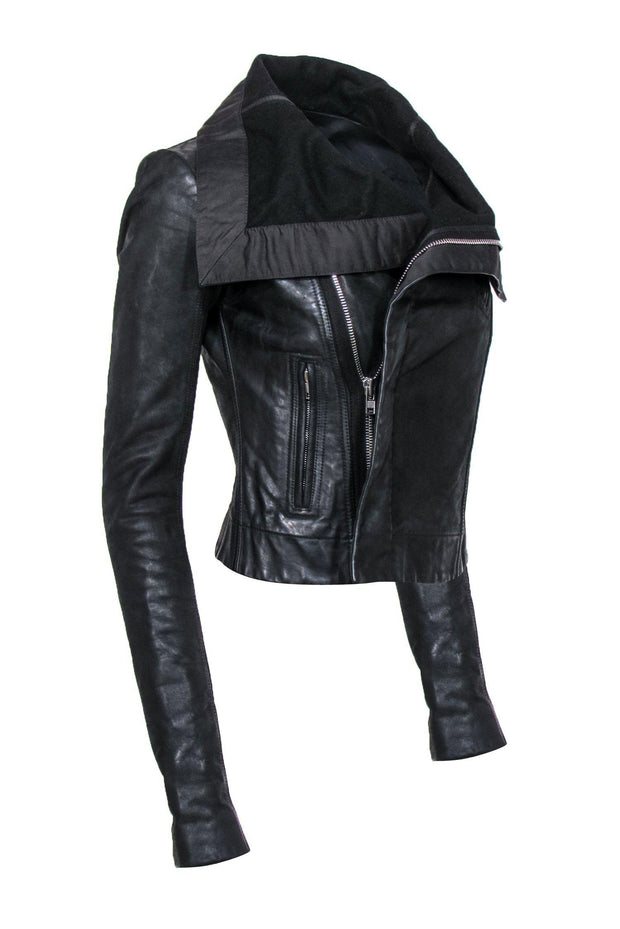 Current Boutique-Rick Owens - Black Leather Zip-Up Draped Moto Jacket Sz S