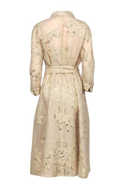 Current Boutique-Rickie Freeman for Teri John - Beige & Gold Metallic Floral Jacquard Belted Midi Dress Sz 12