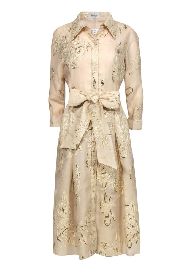 Current Boutique-Rickie Freeman for Teri John - Beige & Gold Metallic Floral Jacquard Belted Midi Dress Sz 12