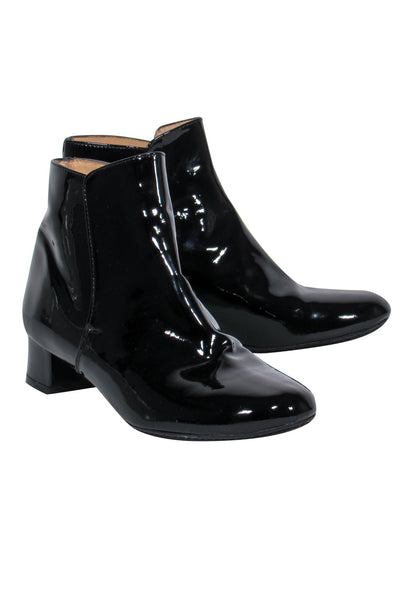 Current Boutique-Robert Clergerie - Black Patent Leather Low Block Heel Booties Sz 7.5