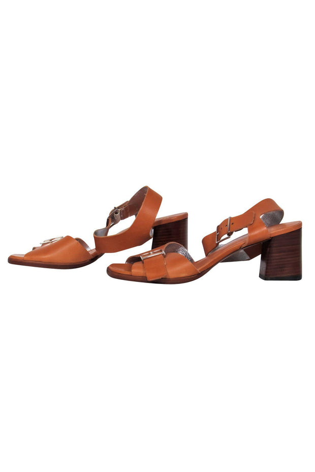 Current Boutique-Robert Clergerie - Brown Leather Buckle Strap Block Heel Sandals Sz 8.5