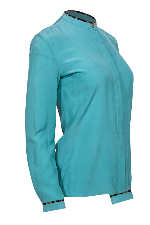 Current Boutique-Roberto Cavalli - Aqua Green Silk Blouse w/ Animal Print Trim Sz 4