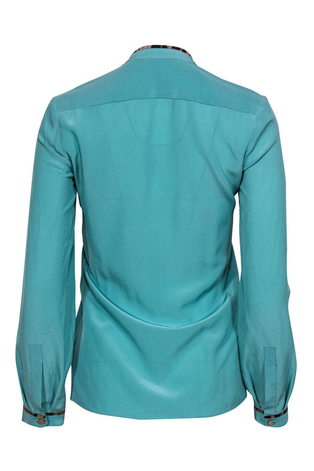 Current Boutique-Roberto Cavalli - Aqua Green Silk Blouse w/ Animal Print Trim Sz 4