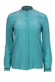 Current Boutique-Roberto Cavalli - Aqua Green Silk Blouse w/ Animal Print Trim Sz 4