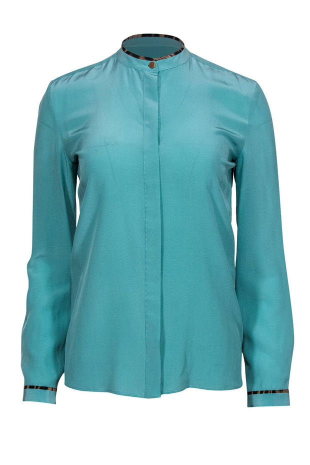 Current Boutique-Roberto Cavalli - Aqua Green Silk Blouse w/ Animal Print Trim Sz 4