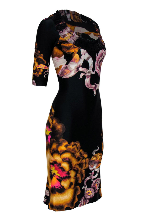 Current Boutique-Roberto Cavalli - Black Floral Scoop Neck Sheath Dress Sz 4