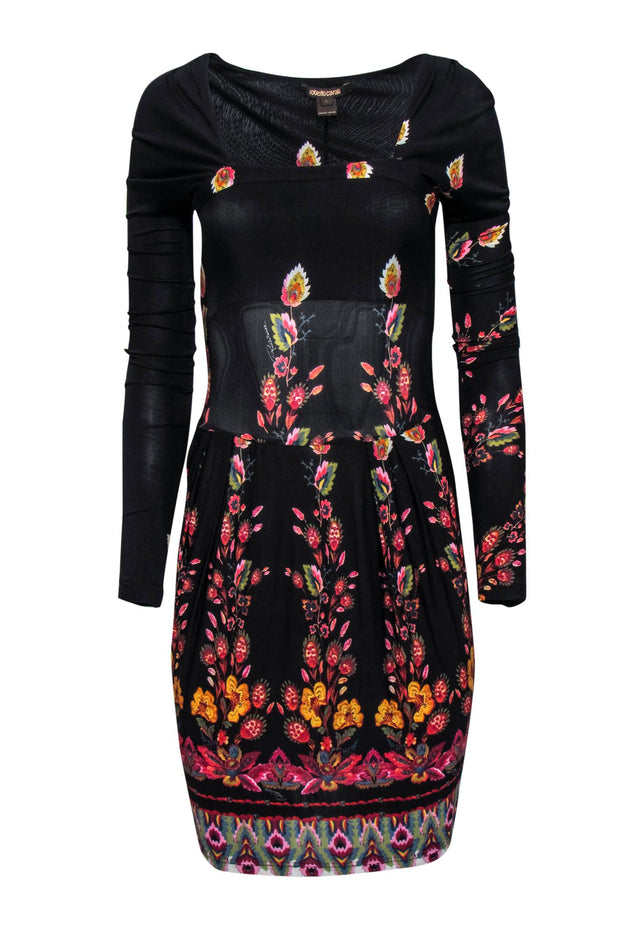 Current Boutique-Roberto Cavalli - Black Floral Square Neck Fitted Dress Sz L