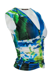 Current Boutique-Roberto Cavalli - Blue, White & Green Ruched Sleeveless Top Sz 2