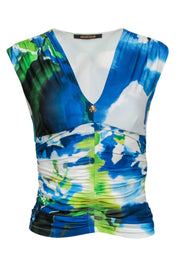 Current Boutique-Roberto Cavalli - Blue, White & Green Ruched Sleeveless Top Sz 2