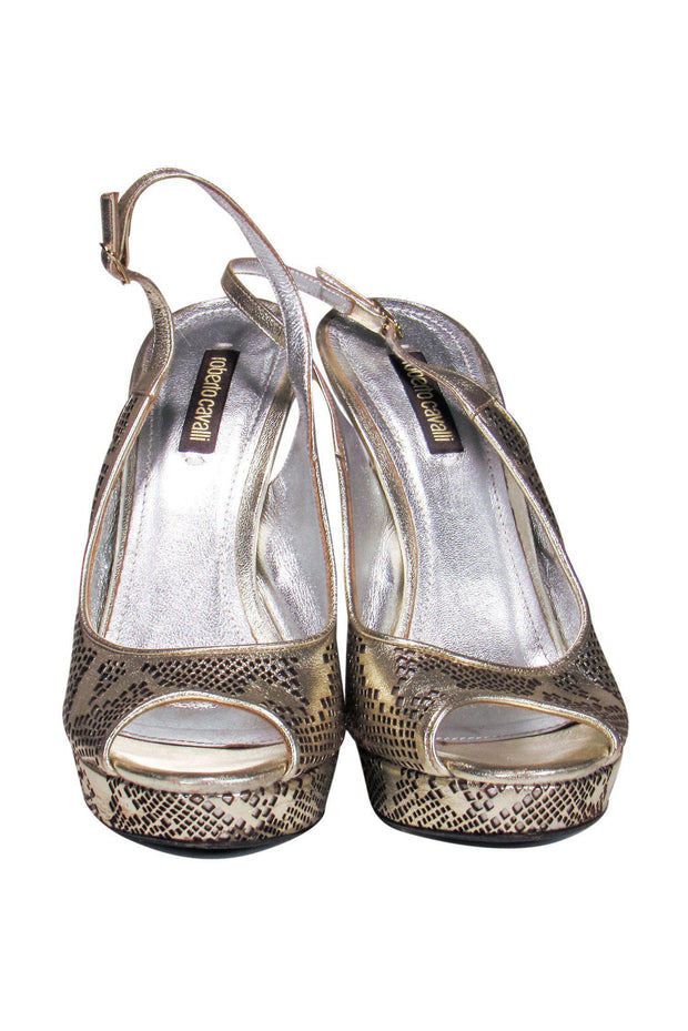 Current Boutique-Roberto Cavalli - Gold Perforated Slingback Pumps Sz 9.5