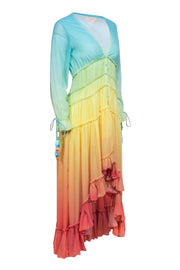 Current Boutique-Rococo Sand - Rainbow Ombre Ruffled Tiered High-Low Maxi Dress Sz S