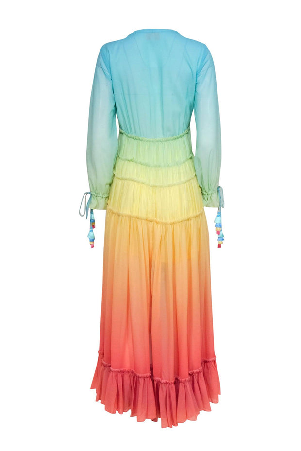 Current Boutique-Rococo Sand - Rainbow Ombre Ruffled Tiered High-Low Maxi Dress Sz S