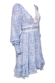 Current Boutique-Rococo Sand - White, Blue & Pink Printed Metallic Dress w/ Lace Sz P