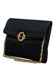 Current Boutique-Rodo - Black Satin Clutch w/ Gold Chain & Gold Circular Brooch