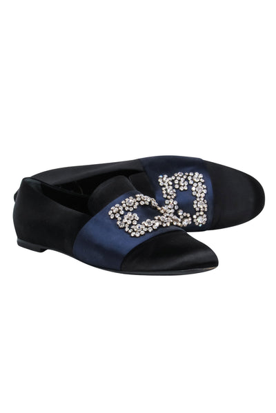 Current Boutique-Roger Vivier - Black & Navy Satin Loafers w/ Rhinestone Buckle Design Sz 12