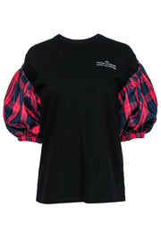 Current Boutique-Rokh - Black Logo Graphic T-Shirt w/ Detachable Plaid Puff Sleeves Sz M