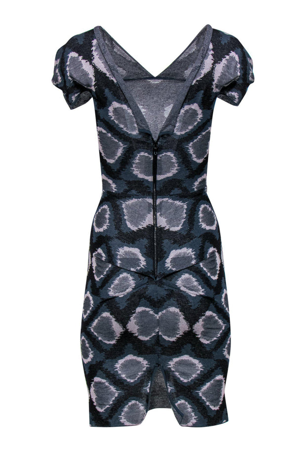 Current Boutique-Roland Mouret - Smokey Blue Patterned Cap Sleeve Knit Dress Sz 4