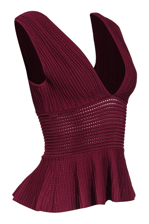 Current Boutique-Ronny Kobo - Maroon Textured Bandage Plunge Peplum Top Sz S