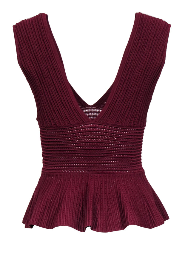 Current Boutique-Ronny Kobo - Maroon Textured Bandage Plunge Peplum Top Sz S