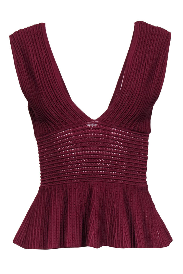 Current Boutique-Ronny Kobo - Maroon Textured Bandage Plunge Peplum Top Sz S