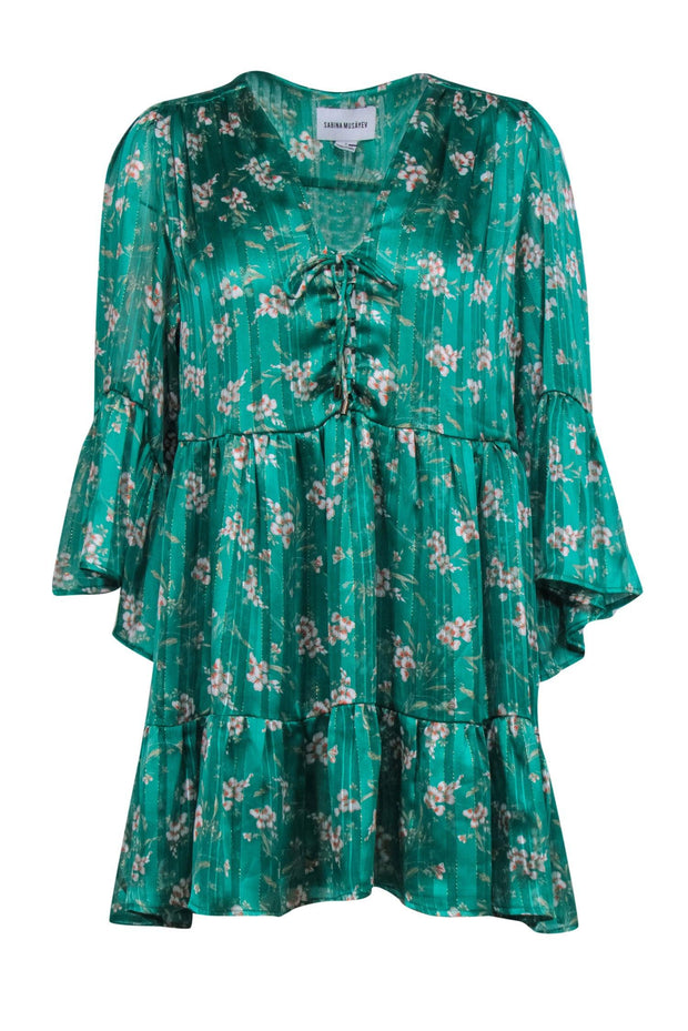 Current Boutique-Sabina Musayev - Green & Floral Print Tiered Ruffle Mini Dress Sz S