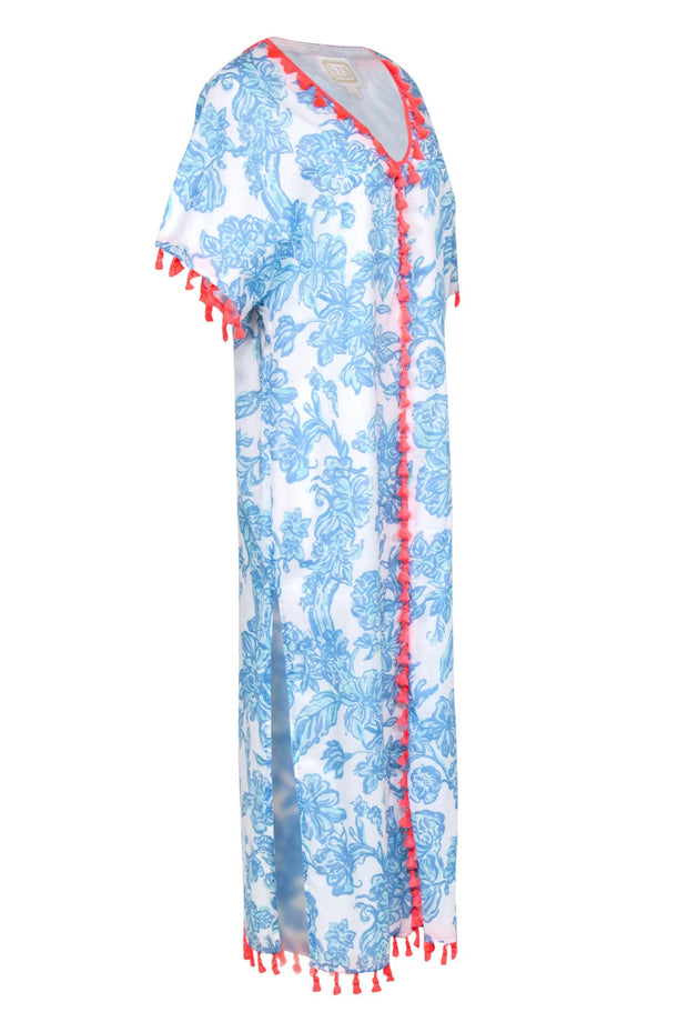 Current Boutique-Sail to Sable - Blue, Aqua & White Maxi Caftan w/ Neon Pink Tassel Trim Sz XS